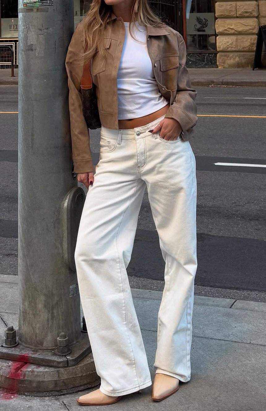 Bring The Style Low Rise Wide Leg Jeans Off White Wash